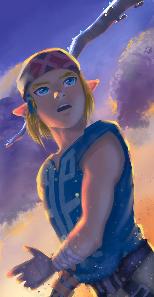 Link is gazing up at the sky in astonishment at sunrise as the Light Dragon glides by overhead.